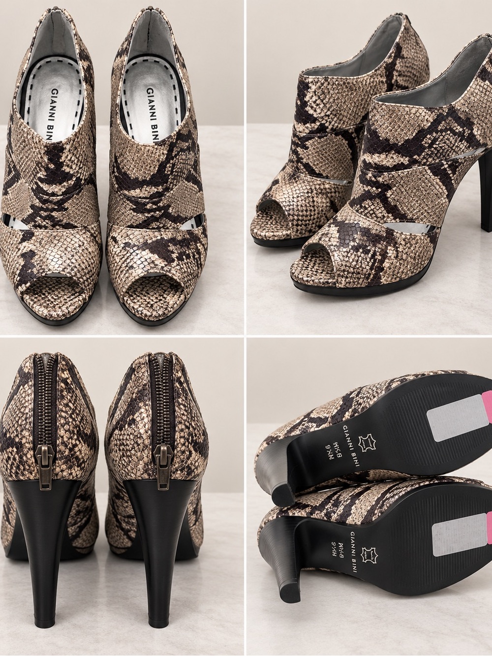 Gianni Bini Taupe and Black Snake-Print Peep-Toe Zip Booties